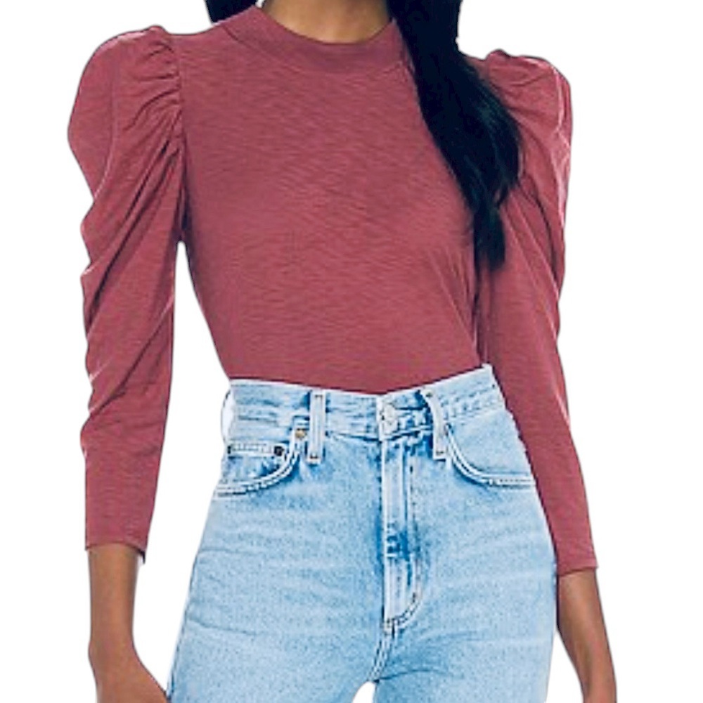 Nation LTD Zeta Mock Neck Snap Back Puff Shoulder 3/4 Sleeve Top XS